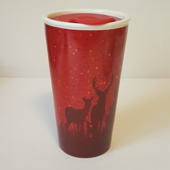 Tim Hortons 2017 Travel Mug Lidded Tumbler Deer Elk Trees Winter Holiday Red - Picture 10 of 16